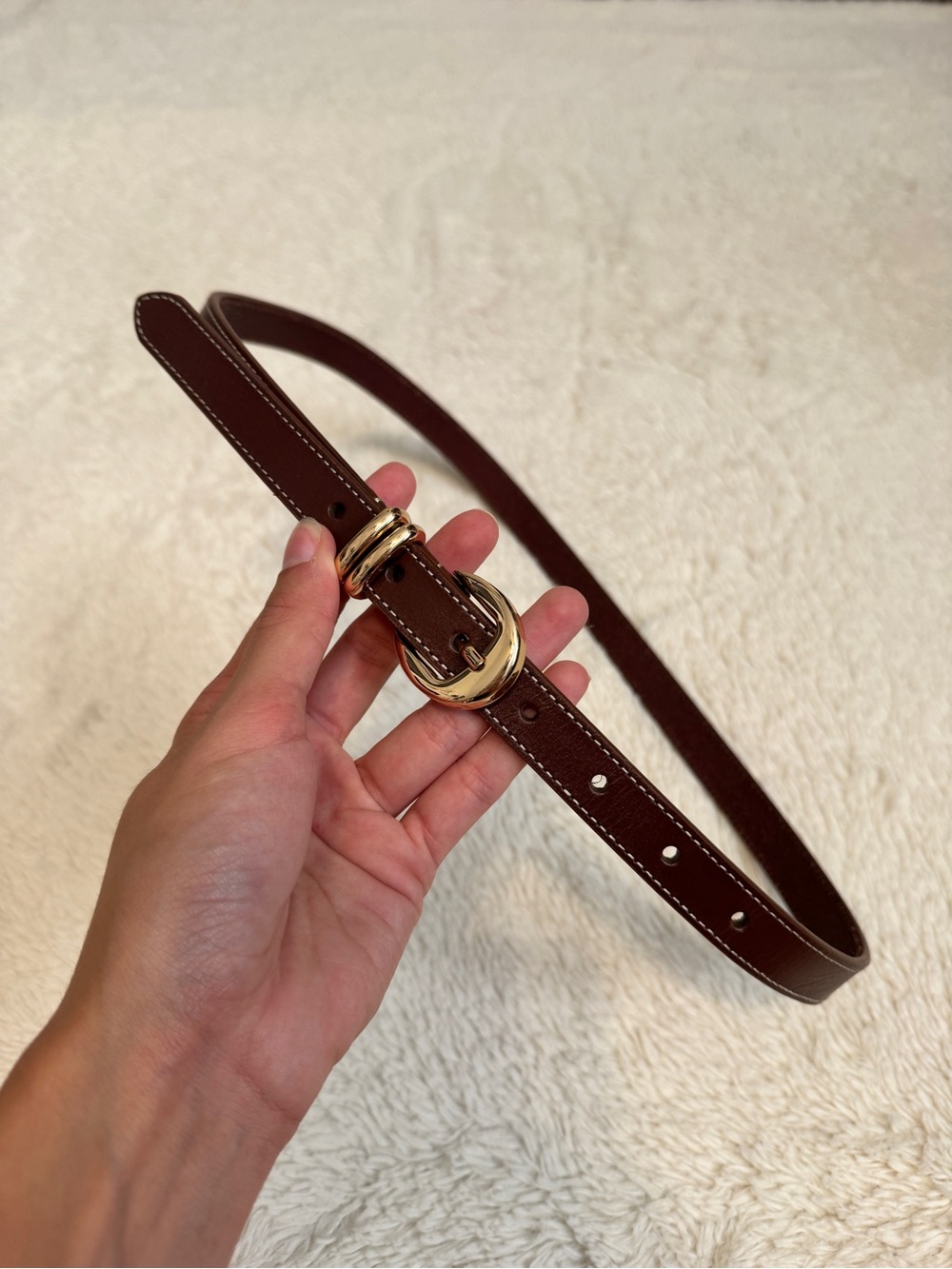 Brown Leather Belt with Gold Double-Ring Buckle